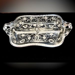 Vintage Elegant Etched Flower Divided Glass Serving Dish, Tray W/Handles